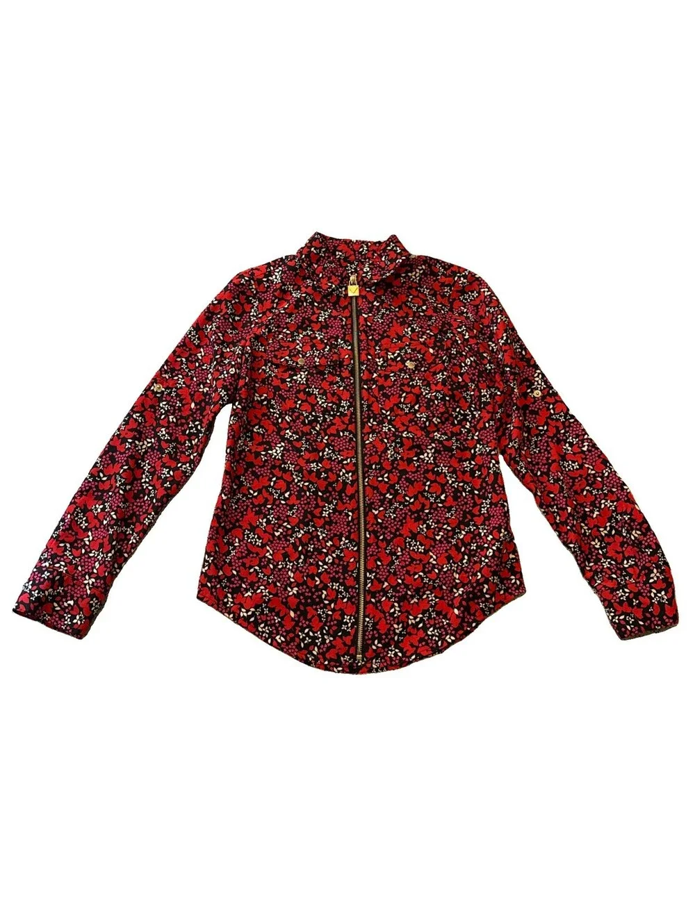 Michael Kors Floral Red Roll-Tab Long Sleeve Zipper Blouse Silver Hardware XXS